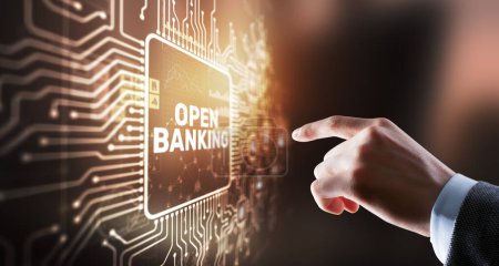 Téléchargez les photos : Businessman is touching hologram open banking. Technology Finance concept. - en image libre de droit