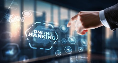 Téléchargez les photos : Banking Online Internet Payment Technology. Businessman presses a button Banking. - en image libre de droit