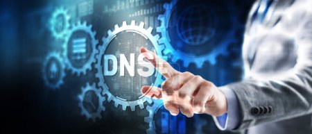 Téléchargez les photos : DNS. Nom de domaine Système sur écran virtuel. Communication Web en réseau 2024. Techniques mixtes. - en image libre de droit