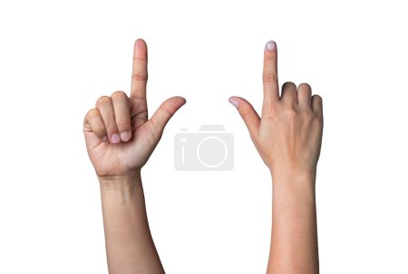 Foto de Mano femenina mostrando el dedo índice hacia arriba Tanto hacia adelante como hacia abajo sobre fondo blanco con el camino de recorte. Pulse el primer botón. Doble clic. Levante el ratón. - Imagen libre de derechos