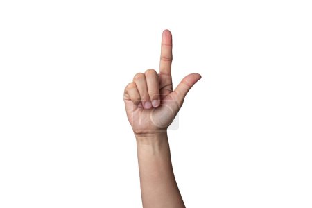 Photo for Female hand showing index finger up on white background with clipping path, first button press, double click, mouse lift. - Royalty Free Image