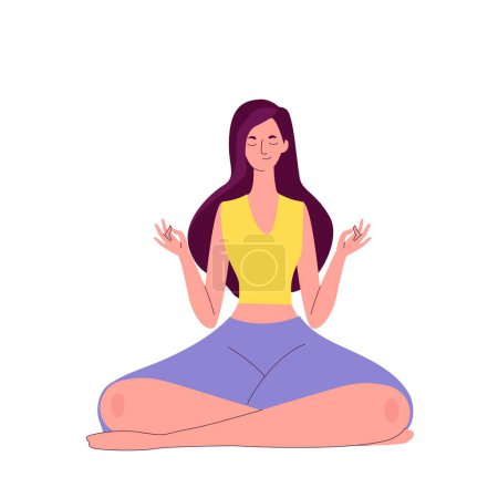 Ilustración de Woman practicing yoga and enjoying meditation in lotus pose. Concept illustration for meditation, relax and healthy lifestyle. Vector illustration in flat cartoon style - Imagen libre de derechos