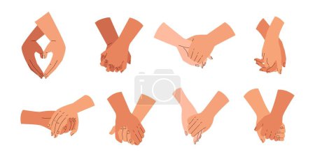 Illustration for Couples holding hands together on different types of interlocking set. Pairs in love or friends. Set of vector illustration - Royalty Free Image