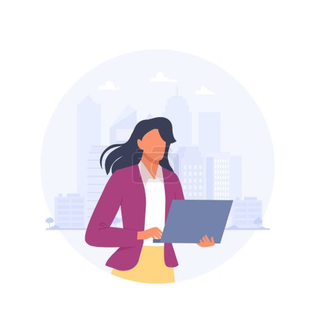 Illustration for Busy woman with laptop on the city background. Office administrative worker. Flat vector illustration - Royalty Free Image