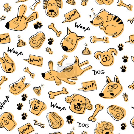 Lustiges nahtloses Muster mit handgezeichneten Kritzelhunden, Pfotenabdrücken und Knochen. Vektor-Tierfigur auf weißem Hintergrund. Nettes Oberflächendesign für Stoff, Textildesign, Packpapier