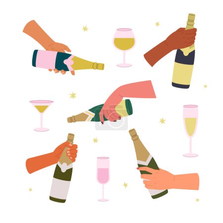 Illustration for Peoples hands of different nationalities holding various champagne bottles. Flat vector illustration on white background. Set of hand serving champagne. Concept of party, holiday or degustation - Royalty Free Image