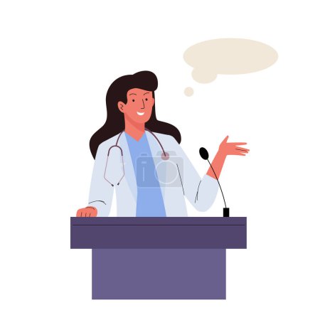 Female medical doctor at podium and giving a speech at a medicine conference. Presentation scientific research. Flat vector illustration