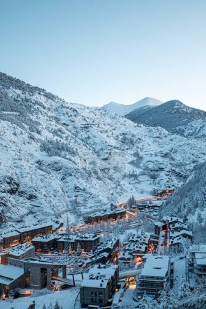 Cityscape of the tourist town of Canillo in Andorra after a heavy snowfall in winter.