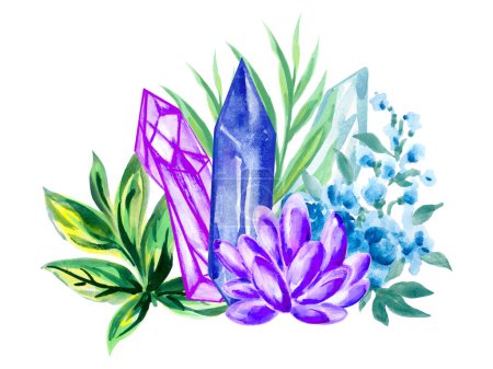 Watercolor hand drawn illustration gemstone crystals precious semiprecious minerals with flowers and leaves. Occult witchcraft concept. Boho style wedding.