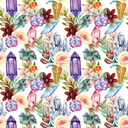 Watercolor seamless pattern of gemstones crystal and flowers Hand painted abstract composition on background Painting illustration for design, print, fabric or background.
