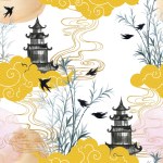 Watercolor Golden Cloud, Temple, Bird and Bamboo seamless pattern for wrapping, backdrop, fashion