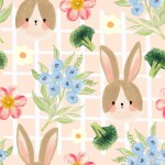 Cute bunny rabbit sweet flowers blooming seamless pattern in cartoon style seamless repeat can be used for wallpaper, fashion,interior