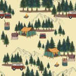 Camping caravan background seamless pattern tourist travelling explore drawing painting for fabric fashion, wallpaper, decor interior