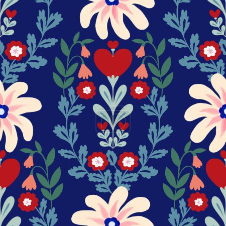 Valentine serce botaniczny bezszwowy wzór inspirowany tradycyjnymi wzorami haftów ludowych tekstylnych lub farbowych ozdoby druku. Tapeta retro z kwiatami, liśćmi