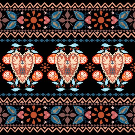 Polish ethnic seamless embroidery pattern with flowers and hearts inspired by folk art easter,valentine