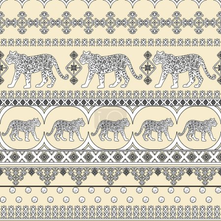 Tiger Leopard animal black outline  seamless border pattern with ornate Indian ethnic tribal  ornaments folklore on a cream background. Coloring book for adults and children