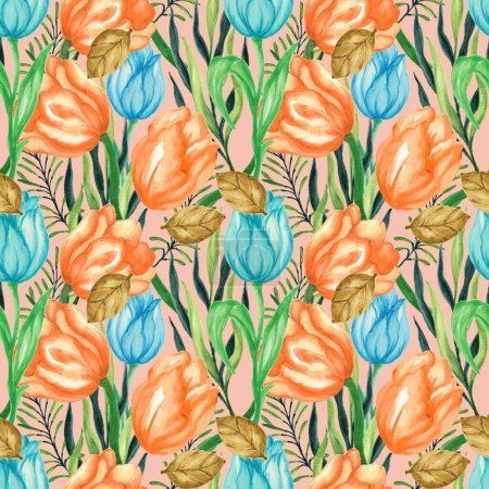 Spring Garden variety flowers greenery botanical hand drawn  seamless pattern. Watercolor illustration design. Cottage countryside aesthetic floral print for fabric, scrapbook, wrapping, card making