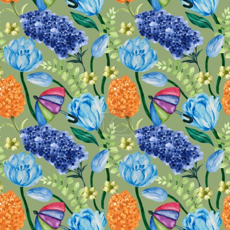Spring Garden variety flowers greenery botanical hand drawn  seamless pattern. Watercolor illustration design. Cottage countryside aesthetic floral print for fabric, scrapbook, wrapping, card making