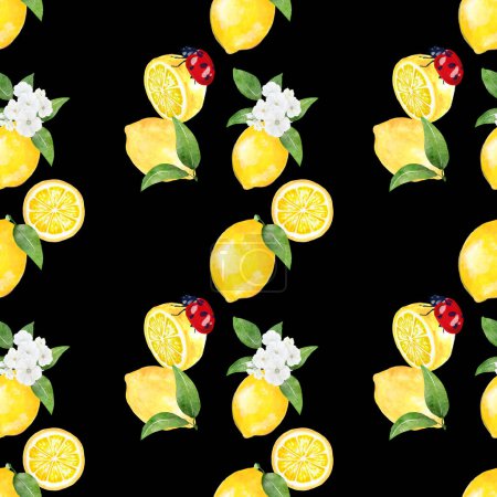 Seamless pattern watercolor with citrus lemon fruit white flower background print  illustration design for paper, covers, cards, fabrics, interior