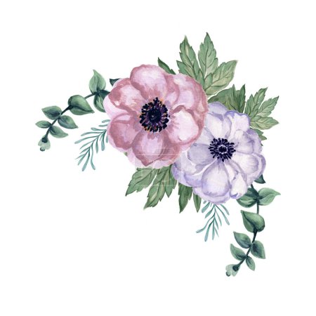 Watercolor gouache set of anemone floral and leaves  hand drawn floral illustration isolated on white background Elegant flower set in vintage watercolor style