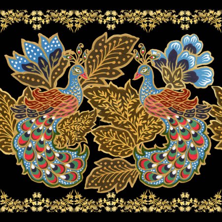 Nahtlose traditionelle Stammesethik Sarong Batikblume und Pfau mit Gold für Mode, Teppich, Einladung