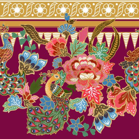 Nahtlose traditionelle Stammesethik Sarong Batikblume und Pfau mit Gold für Mode, Teppich, Einladung