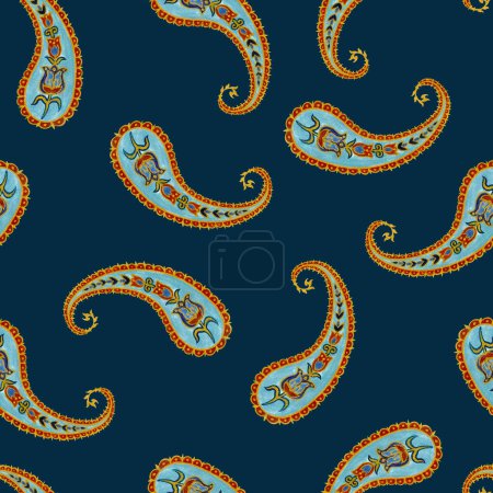 Paisley seamless pattern of vintage foliage, flowers, ethnic  traditional golden outline for interior, fashion print, card