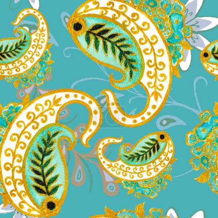 Paisley seamless pattern of vintage foliage, flowers, ethnic  traditional golden outline for interior, fashion print, card