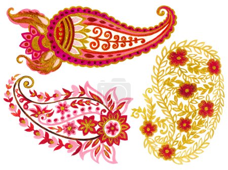 Paisley Ethnic tribal elements flowers with leaves, plants and branch. White color background.