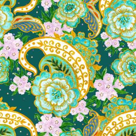 Watercolor Green and gold luxury traditional Indian paisley and white flower arrangement seamless background for fasion, interior, invitation