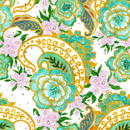 Watercolor Green and gold luxury traditional Indian paisley and white flower arrangement seamless background for fasion, interior, invitation