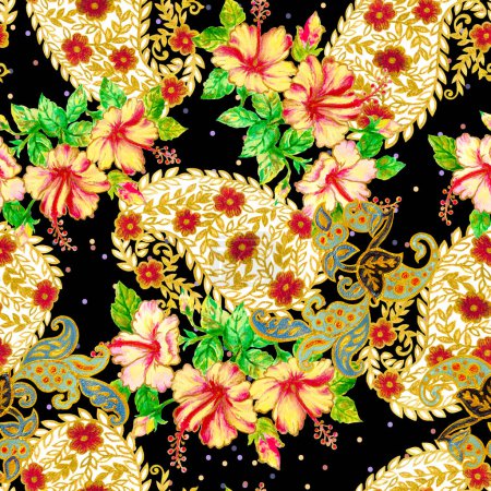 Aquarell Hibiskus Blumenstrauß Muster, traditionelle indische Paisley Anordnung nahtlosen Hintergrund für Fasion, Interieur, Einladung