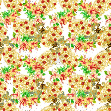 Aquarell Hibiskus Blumenstrauß Muster, traditionelle indische Paisley Anordnung nahtlosen Hintergrund für Fasion, Interieur, Einladung