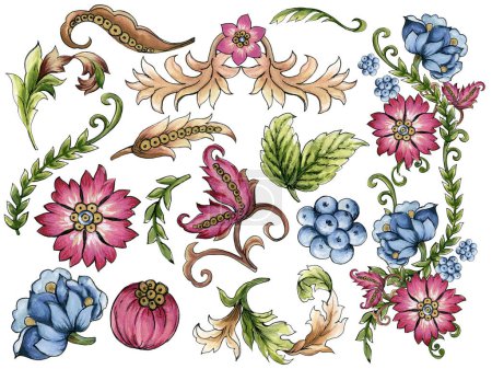Digital Baroque Jacobean elements  motif design illustration artwork for textile print, digital clipart, decorated interior, wallpapers and gift card