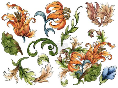 Digital Baroque Jacobean elements  motif design illustration artwork for textile print, digital clipart, decorated interior, wallpapers and gift card