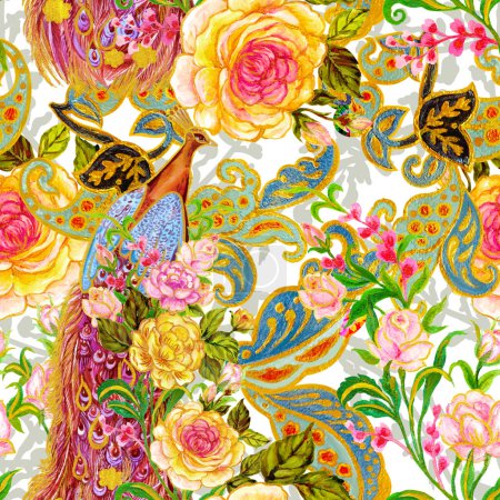 Téléchargez les photos : Paradise Phoenix oiseau paon Firebird avec rose floraison botanique carden tribal folklorique traditionnel modèle sans couture pour l'intérieur, la mode, l'invitation - en image libre de droit