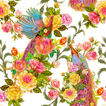 Téléchargez les photos : Paradise Phoenix oiseau paon Firebird avec rose floraison botanique carden tribal folklorique traditionnel modèle sans couture pour l'intérieur, la mode, l'invitation - en image libre de droit