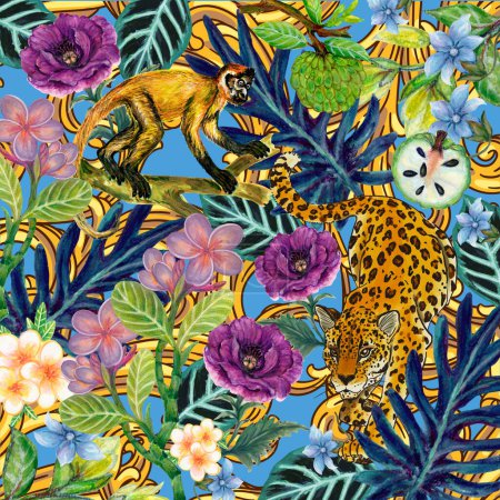 Téléchargez les photos : Fragipani fleurs fleur abstraite avec singe animal, léopard tigre coloré jardin forêt foulard fond - en image libre de droit