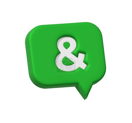 3D Ampersand Speech Bubble Icon. Grüner Botschaftskasten mit Ampersand-Schild. Cartoon Ampersand markieren das Sprechblasensymbol isoliert auf weißem Hintergrund. 3D-Rendering.
