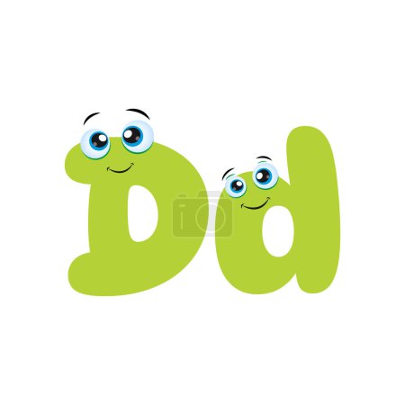 Green funny Uppercase and Lowercase letter D with cute eyes, cheerful, playful and surprised on white background. Funny kids letter with eyes.