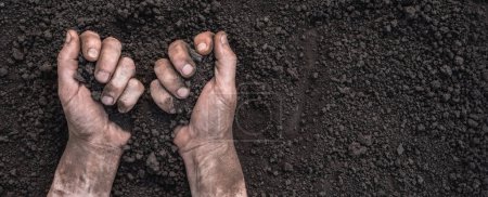 Farmer hands full of soil earth ground. Fertile soil background. Chernozem. Handful of dirt hands holding soil hands touching ground. Organic farming. Save earth day. Ukraine field agriculture concept