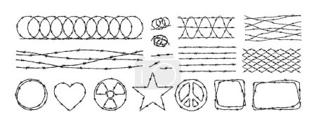 Illustration for Set of barbwire fence backgrounds and frames. Hand drawn vector illustration in sketch style. Design element for military, security, prison, slavery concepts - Royalty Free Image