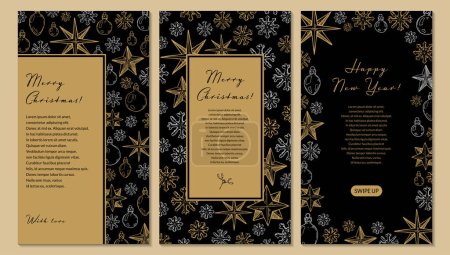 Conjunto de tarjetas de felicitación verticales de Feliz Navidad y Feliz Año Nuevo con cinco estrellas y copos de nieve dorados dibujados a mano. Ilustración vectorial en estilo de boceto. Plantilla de historias de redes sociales