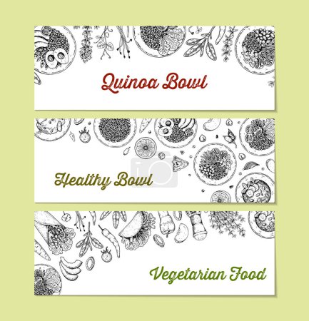 Illustration for Food and restaurant horizontal design. Hand draw background with cooking ingredients in sketch style. Detailed vector illustration - Royalty Free Image