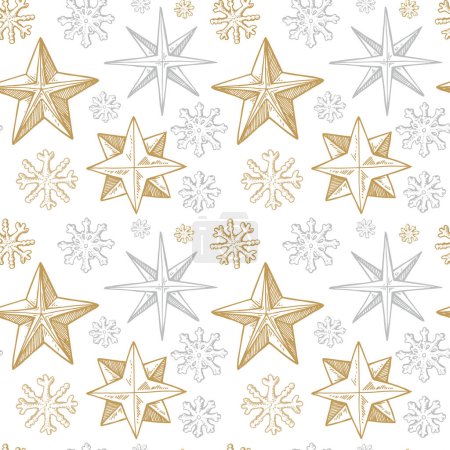 Téléchargez les illustrations : Joyeux Noël et bonne année motif sans couture avec des étoiles dorées dessinées à la main et des flocons de neige. Contexte festif. Illustration vectorielle dans le style croquis - en licence libre de droit