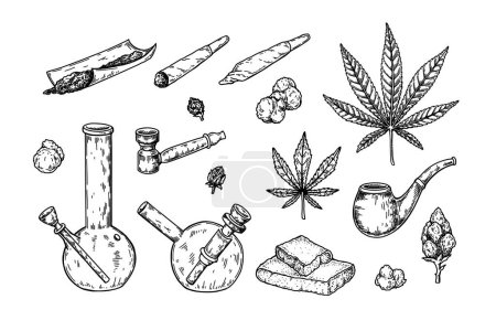 Ilustración de Herramientas para fumar hierba. Artilugio de cannabis. Spliff de marihuana dibujado a mano. Pipa de cáñamo de vidrio. Pipa de tabaco. Ilustración vectorial en estilo de boceto - Imagen libre de derechos