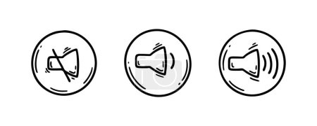 Illustration for Doodle sound icons set. Mute and sound on mode symbol. Speaker sketch pictogram. Play music, voice, noise regulation sketch buttons - Royalty Free Image