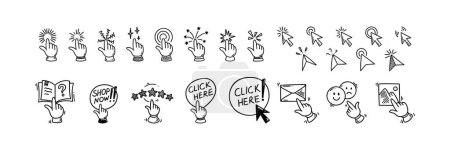 Illustration for Doodle click icons set. Hand finger cursor pointer. Enable notifications. Customer five star rating and testimonials. Shop now and click here buttons. Subscribe to newsletter. Follow social media. - Royalty Free Image