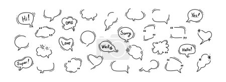 Illustration for Doodle blank speech bubble set. Comic talk cloud and balloon icons. Speak, think, chat, conversation, dialog, discussion cartoon hand drawn concept. Space for text. Manga style. Quotation box - Royalty Free Image