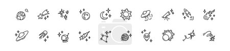 Doodle outer space cosmic icons set. Planets, constellation, spacecraft, rocket hand drawn linear illustration. Falling stars and comets. Alien ship. Astronomy science and astrology concept.